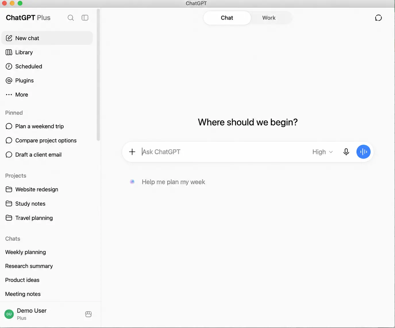Spanrise displaying ChatGPT in a dedicated macOS window with anonymized example chats and projects